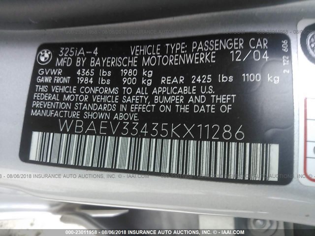 WBAEV33435KX11286 - 2005 BMW 325 I SILVER photo 9