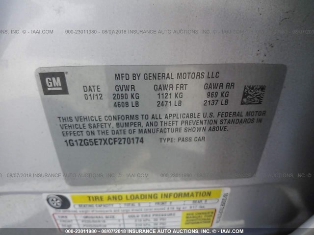 1G1ZG5E7XCF270174 - 2012 CHEVROLET MALIBU LTZ 银色 照片 9