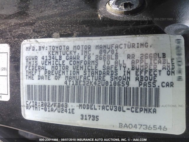 4T1BE32K42U010659 - 2002 TOYOTA CAMRY LE/XLE/SE Qara foto 9