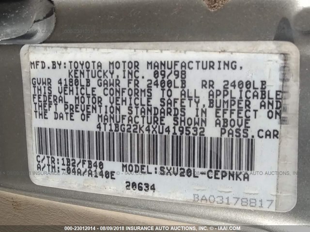 4T1BG22K4XU419532 - 1999 TOYOTA CAMRY CE/LE/XLE ნაცრისფერი ფოტო 9