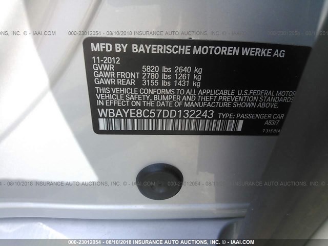 WBAYE8C57DD132243 - 2013 BMW 750 LI SILVER photo 9