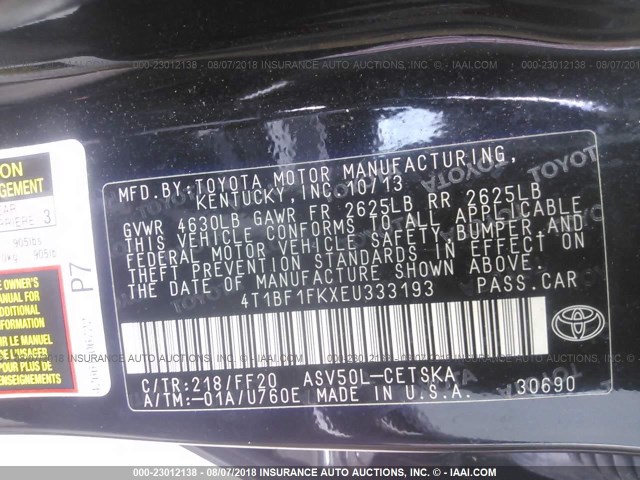 4T1BF1FKXEU333193 - 2014 TOYOTA CAMRY L/SE/LE/XLE Qara foto 9