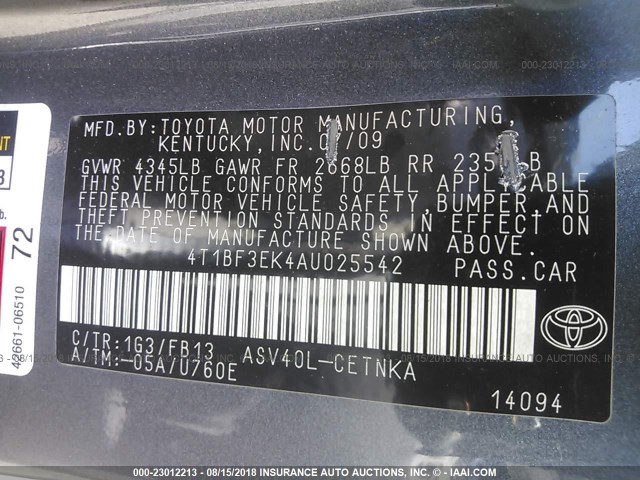 4T1BF3EK4AU025542 - 2010 TOYOTA CAMRY SE/LE/XLE ნაცრისფერი ფოტო 9