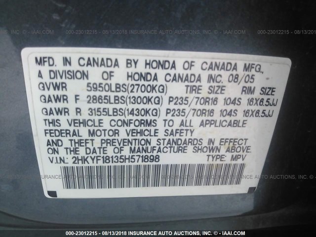 2HKYF18135H571898 - 2005 HONDA PILOT LX BLUE photo 9