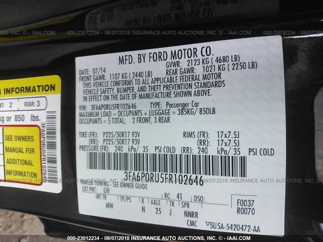 3FA6P0RU5FR102646 - 2015 FORD FUSION TITANIUM HEV BLACK photo 9