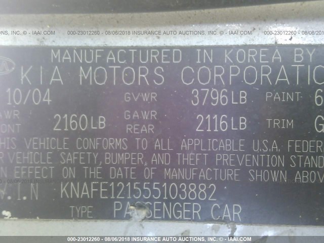 KNAFE121555103882 - 2005 KIA NEW SPECTRA LX/EX SILVER photo 9