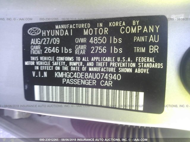 KMHGC4DE8AU074940 - 2010 HYUNDAI GENESIS 3.8L SILVER photo 9