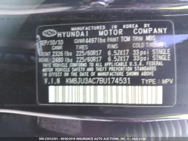 KM8JU3AC7BU174531 - 2011 HYUNDAI TUCSON GLS/LIMITED 黑色 照片 9