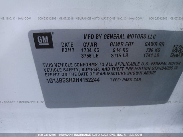 1G1JB5SH2H4152244 - 2017 CHEVROLET SONIC LS 白色 照片 9