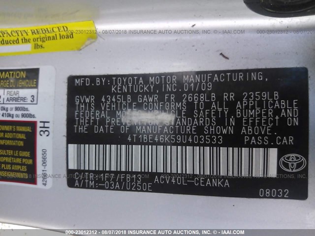 4T1BE46K59U403533 - 2009 TOYOTA CAMRY SE/LE/XLE ვერცხლისფერი ფოტო 9