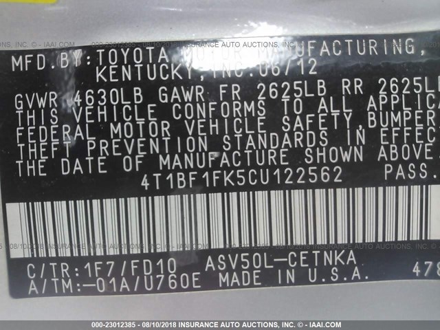 4T1BF1FK5CU122562 - 2012 TOYOTA CAMRY SE/LE/XLE SILVER photo 9