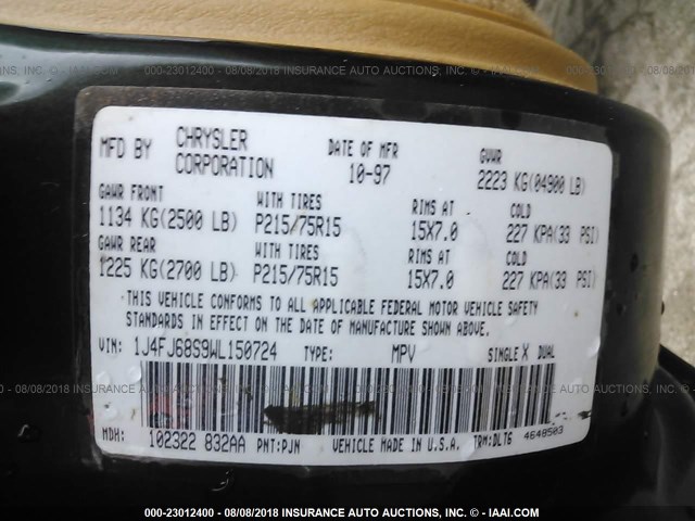 1J4FJ68S9WL150724 - 1998 JEEP CHEROKEE SPORT/CLASSIC მწვანე ფოტო 9