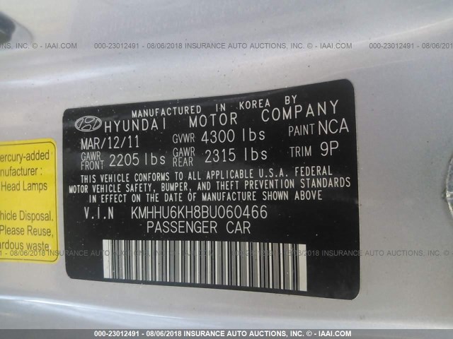 KMHHU6KH8BU060466 - 2011 HYUNDAI GENESIS COUPE 3.8L SILVER photo 9