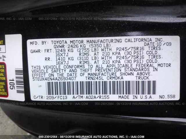 5TEUX4EN4AZ693407 - 2010 TOYOTA TACOMA ACCESS CAB Қара фото 9