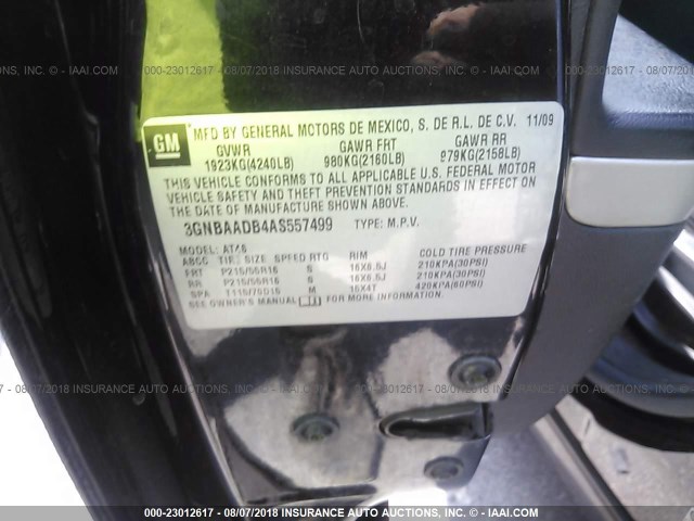 3GNBAADB4AS557499 - 2010 CHEVROLET HHR LS BLACK photo 9