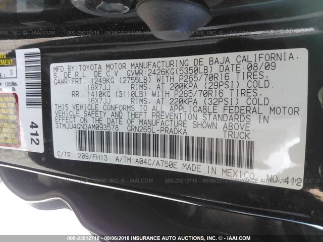 3TMJU4GN3AM093578 - 2010 TOYOTA TACOMA DOUBLE CAB PRERUNNER BLACK photo 9