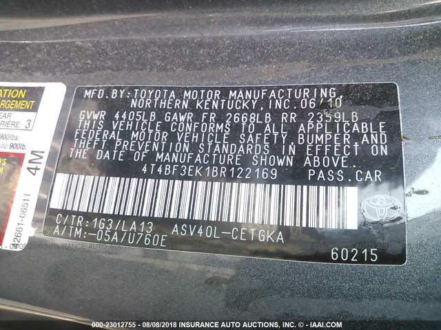 4T4BF3EK1BR122169 - 2011 TOYOTA CAMRY SE/LE/XLE ნაცრისფერი ფოტო 9