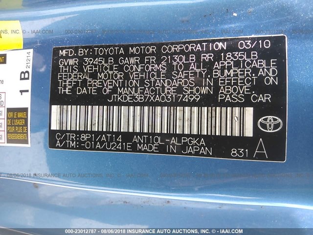 JTKDE3B7XA0317499 - 2010 TOYOTA SCION TC 蓝色 照片 9