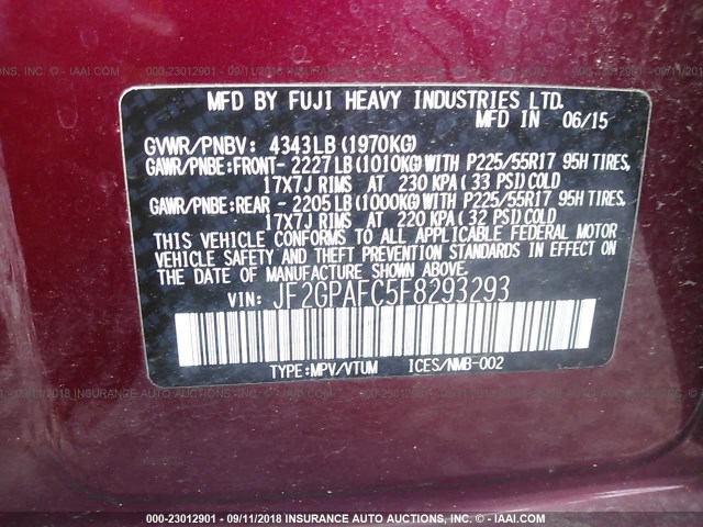 JF2GPAFC5F8293293 - 2015 SUBARU XV CROSSTREK 2.0 PREMIUM RED photo 9