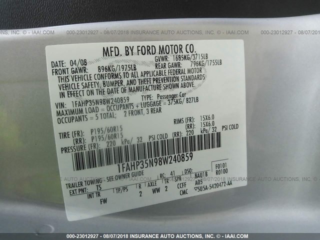 1FAHP35N98W240859 - 2008 FORD FOCUS SE/SEL/SES SILVER photo 9