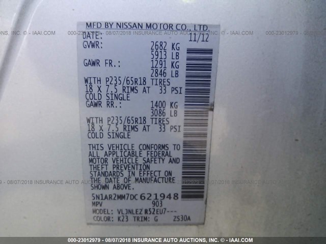 5N1AR2MM7DC621948 - 2013 NISSAN PATHFINDER S/SV/SL/PLATINUM SILVER photo 9