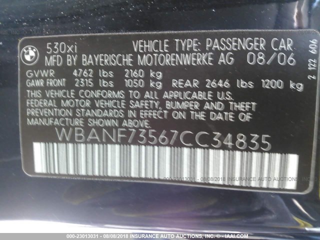 WBANF73567CC34835 - 2007 BMW 530 XI BLUE photo 9
