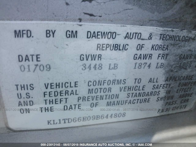 KL1TD66E09B644808 - 2009 CHEVROLET AVEO LS/LT 银色 照片 9