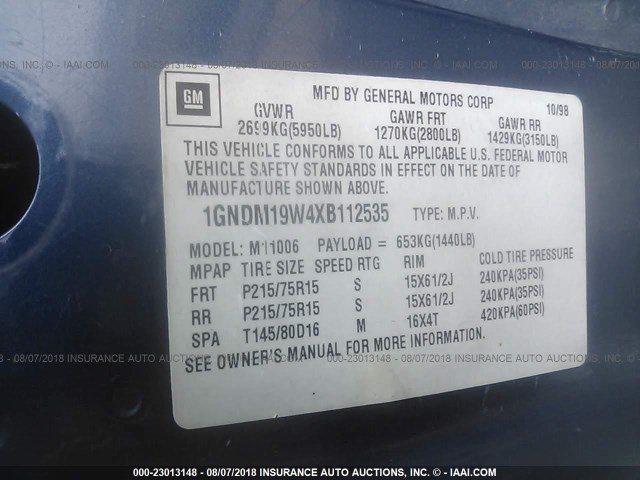 1GNDM19W4XB112535 - 1999 CHEVROLET ASTRO BLUE photo 9