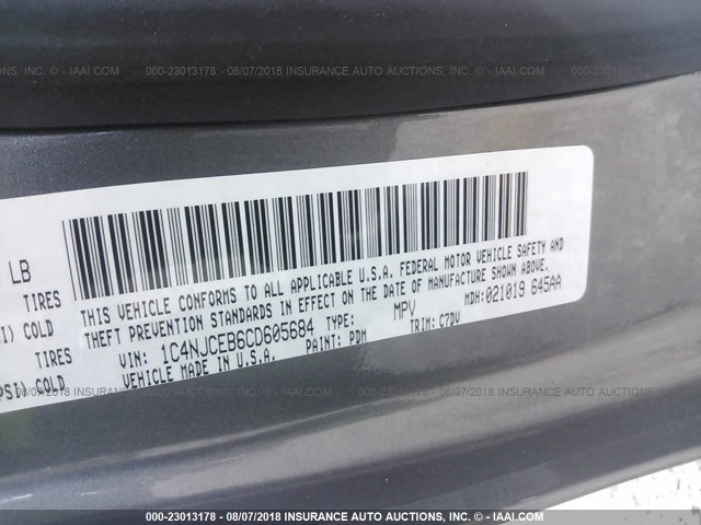 1C4NJCEB6CD605684 - 2012 JEEP COMPASS LATITUDE ნაცრისფერი ფოტო 9