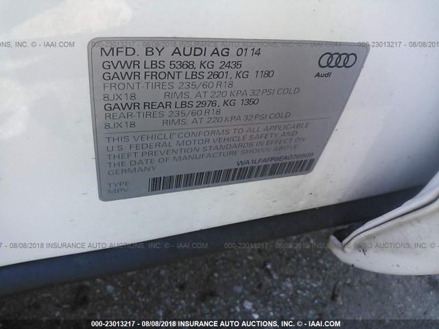 WA1LFAFP8EA076969 - 2014 AUDI Q5 PREMIUM PLUS WHITE photo 9