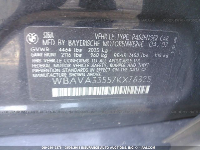 WBAVA33557KX76325 - 2007 BMW 328 BLACK photo 9