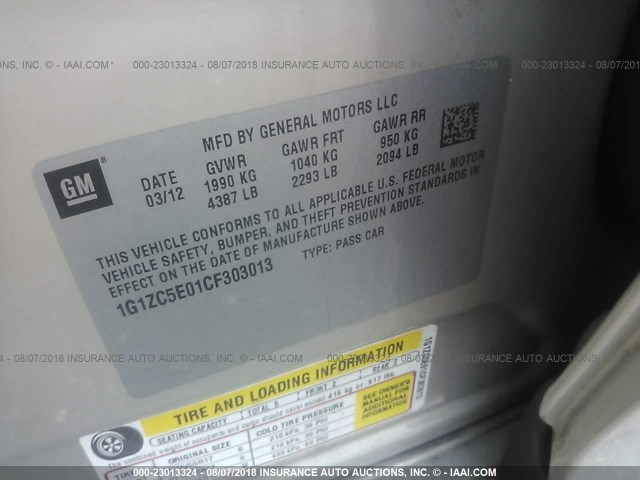 1G1ZC5E01CF303013 - 2012 CHEVROLET MALIBU 1LT SILVER photo 9