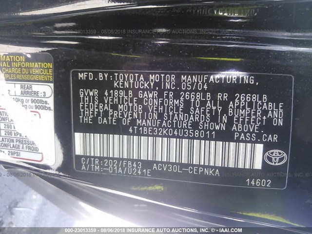 4T1BE32K04U358011 - 2004 TOYOTA CAMRY LE/XLE/SE Qara foto 9