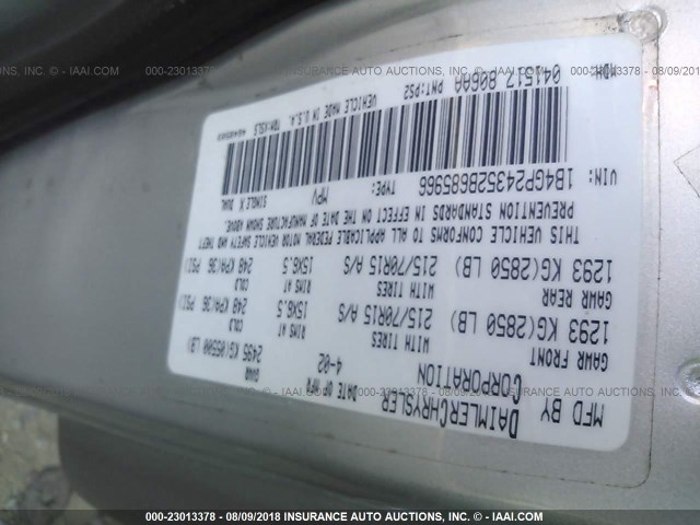 1B4GP24352B685966 - 2002 DODGE GRAND CARAVAN SE SILVER photo 9