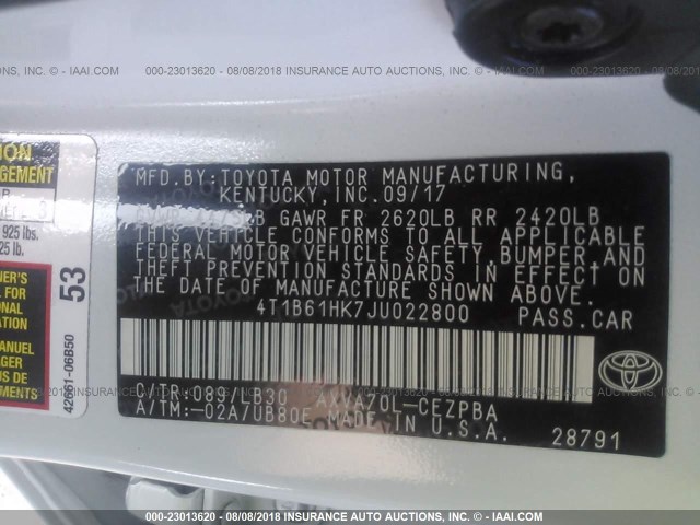 4T1B61HK7JU022800 - 2018 TOYOTA CAMRY XSE WHITE photo 9