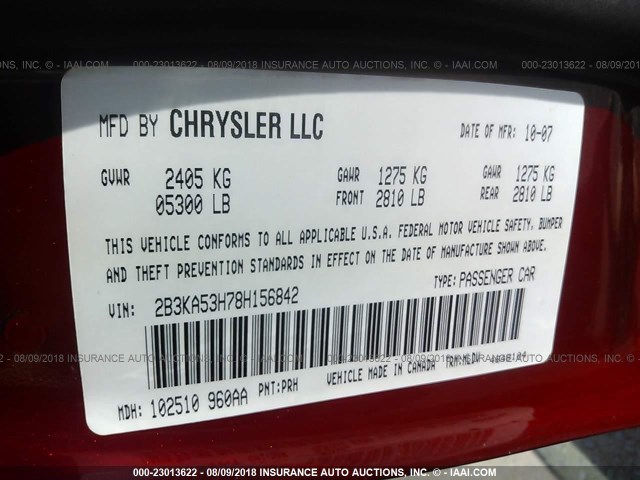 2B3KA53H78H156842 - 2008 DODGE CHARGER R/T RED photo 9