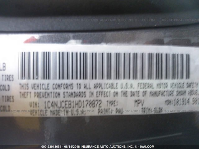 1C4NJCEB1HD170872 - 2017 JEEP COMPASS LATITUDE 灰色 照片 9