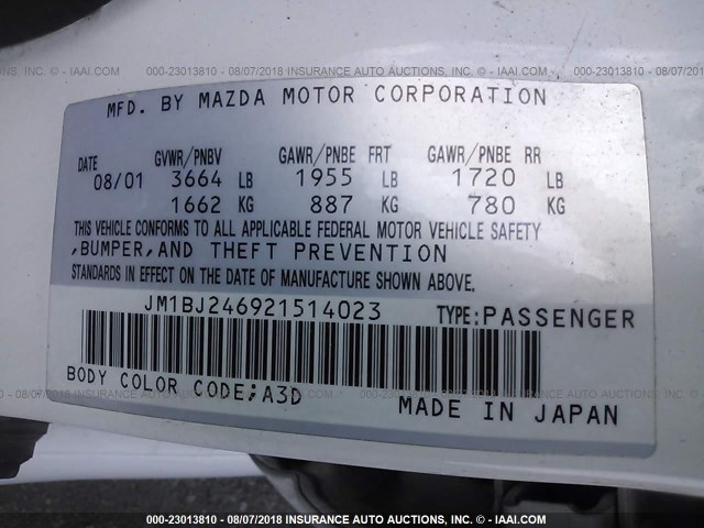 JM1BJ246921514023 - 2002 MAZDA PROTEGE PR5 白色 照片 9