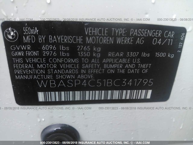 WBASP4C51BC341795 - 2011 BMW 550 XIGT WHITE photo 9