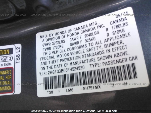 2HGFG3B05FH524920 - 2015 HONDA CIVIC EXL 灰色 照片 9