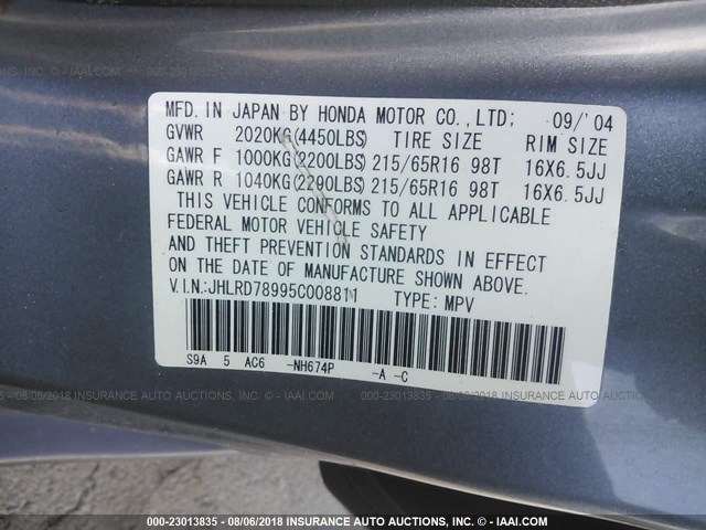 JHLRD78995C008811 - 2005 HONDA CR-V SE/EX GRAY photo 9