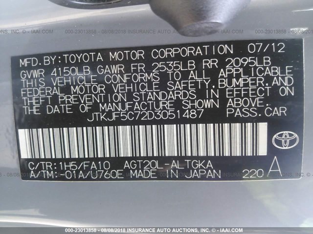JTKJF5C72D3051487 - 2013 TOYOTA SCION TC 灰色 照片 9