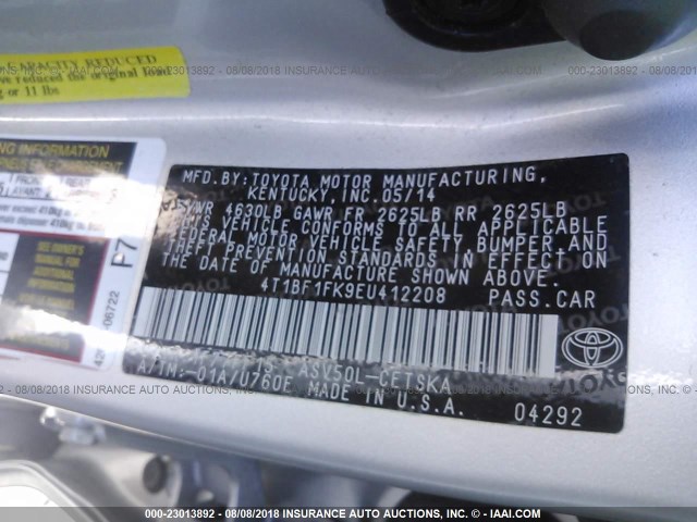 4T1BF1FK9EU412208 - 2014 TOYOTA CAMRY L/SE/LE/XLE Gümüş foto 9