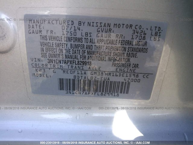 3N1CN7APXFL829918 - 2015 NISSAN VERSA S/S PLUS/SV/SL SILVER photo 9