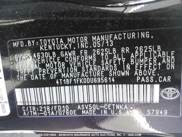 4T1BF1FK0DU695614 - 2013 TOYOTA CAMRY L/SE/LE/XLE 黑色 照片 9