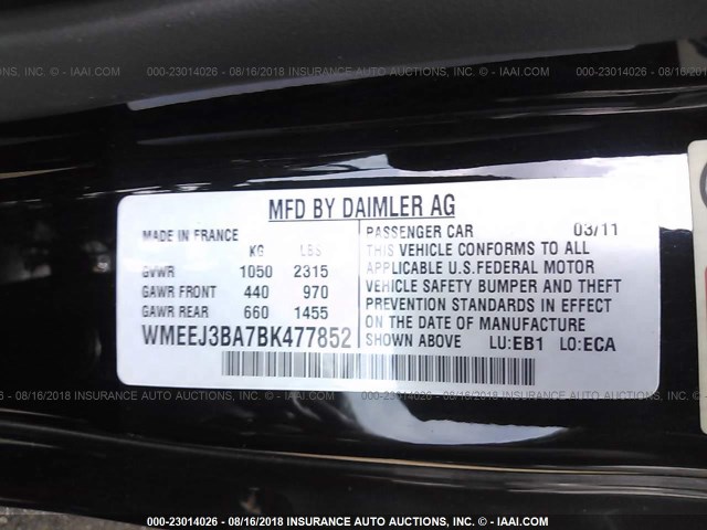 WMEEJ3BA7BK477852 - 2011 SMART FORTWO PURE/PASSION WHITE photo 9