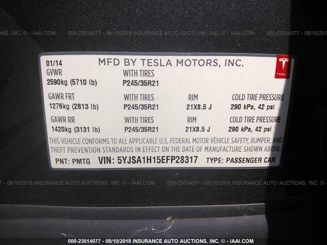 5YJSA1H15EFP28317 - 2014 TESLA MODEL S GRAY photo 8