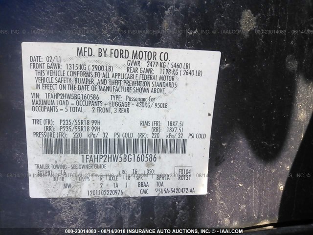 1FAHP2HW5BG160586 - 2011 FORD TAURUS SEL BLUE photo 9