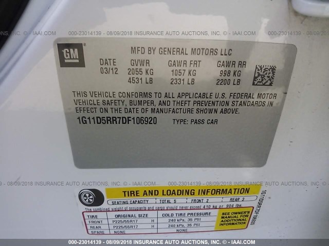 1G11D5RR7DF106920 - 2013 CHEVROLET MALIBU 1LT თეთრი ფოტო 7