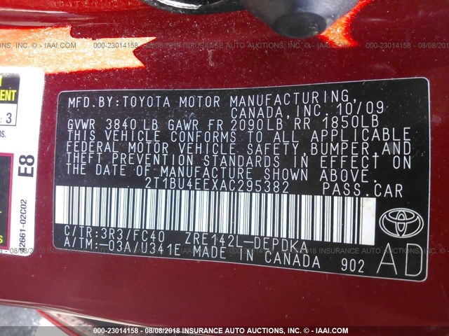 2T1BU4EEXAC295382 - 2010 TOYOTA COROLLA S/LE/XLE RED photo 9